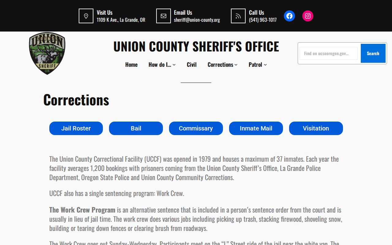 Union County Correctional Facility release context, capacity, and annual bookings