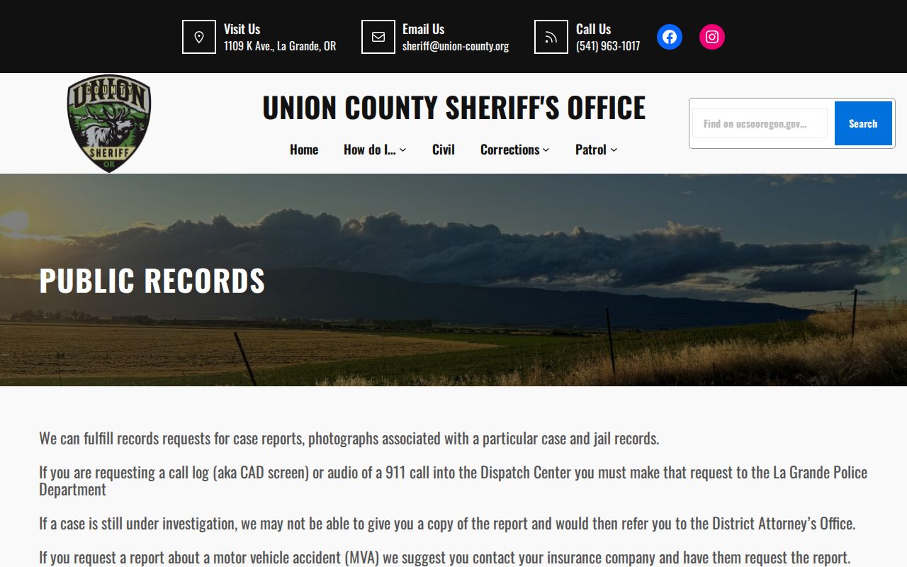 Union County Correctional Facility release record request page