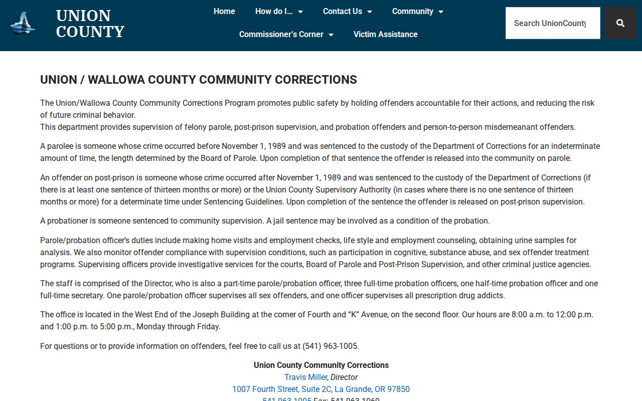 Union County parole and probation office roles and contact information