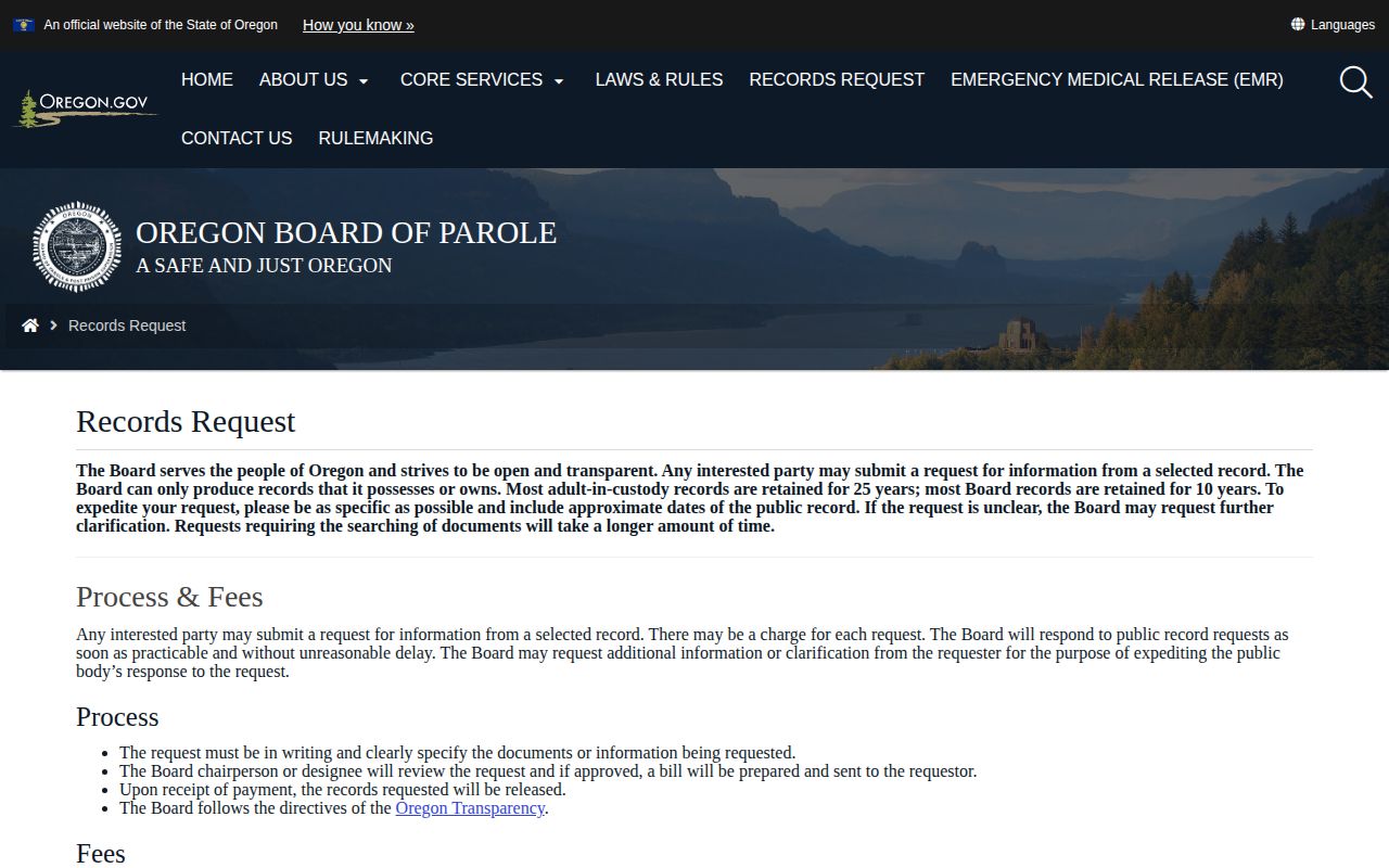 Union County parole Board decision records request page